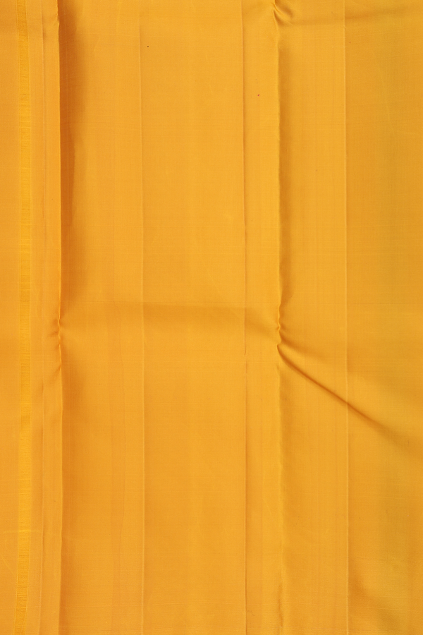 Kanchipuram Silk Saree In Saffron Yellow With Temple Border
