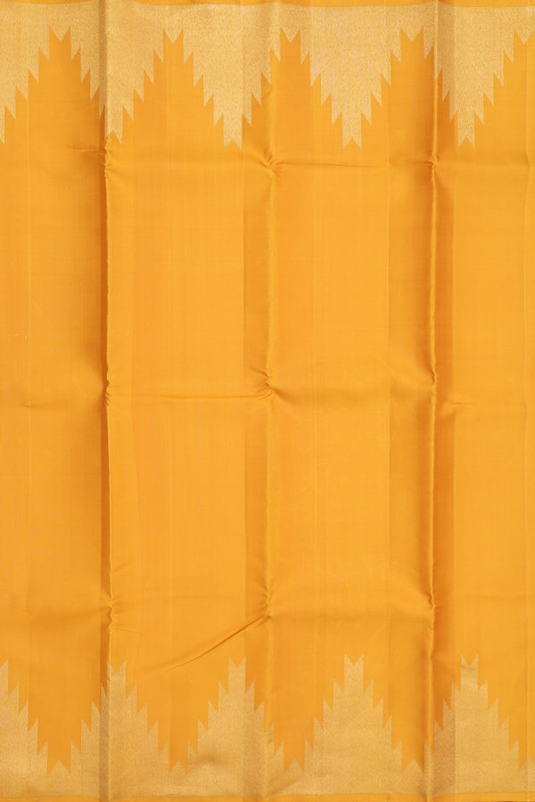 Kanchipuram Silk Saree In Saffron Yellow With Temple Border