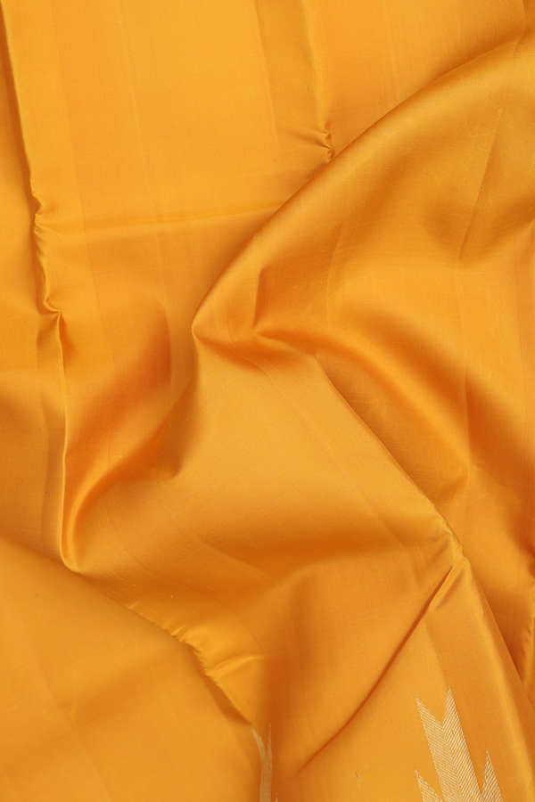 Kanchipuram Silk Saree In Saffron Yellow With Temple Border