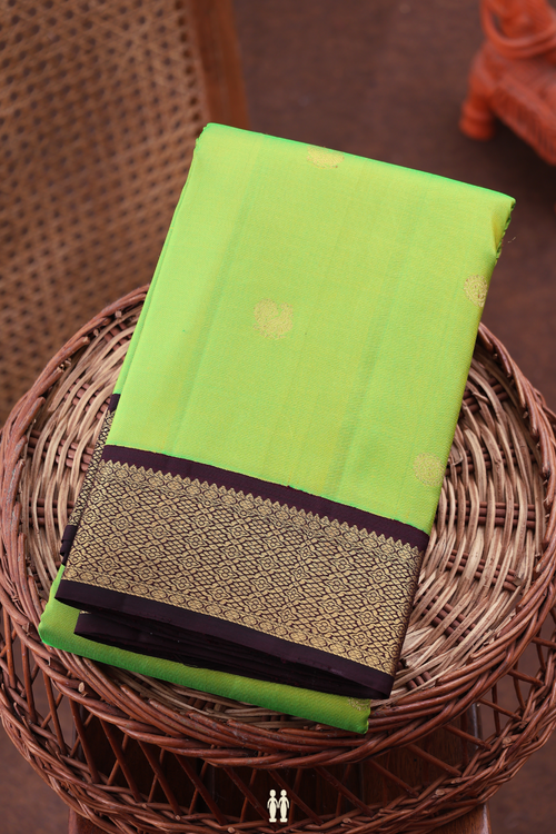 Kanchipuram Silk Saree In Lime Green With Peacock Buttas