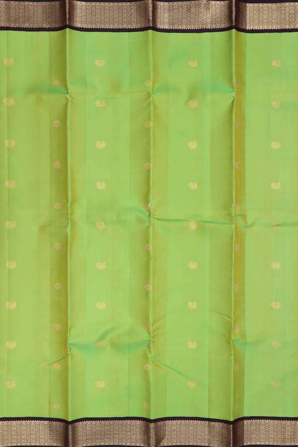 Kanchipuram Silk Saree In Lime Green With Peacock Buttas