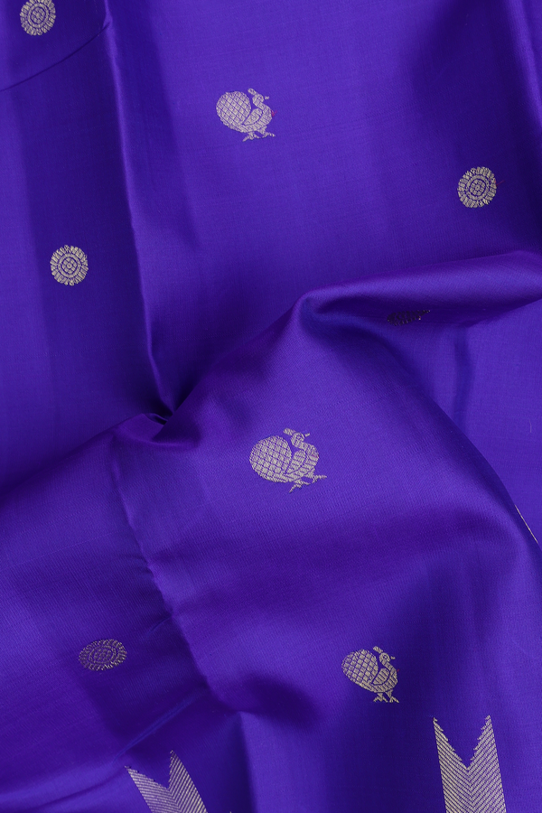 Kanchipuram Silk Saree In Royal Blue With Peacock Buttas