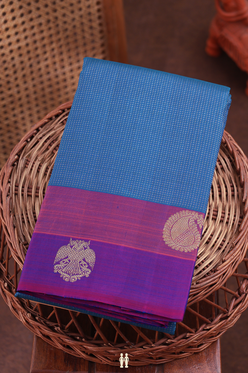 Kanchipuram Silk Saree In Cobalt Blue With Stripes Design