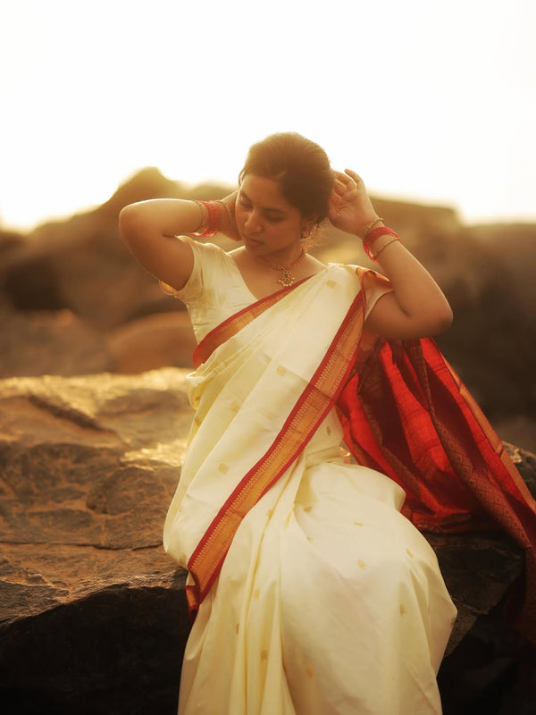Kanchipuram Silk Saree In Off White With Yazhi Buttas