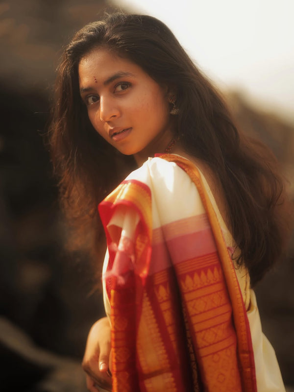 Kanchipuram Silk Saree In Off White With Yazhi Buttas