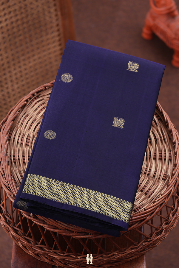 Kanchipuram Silk Saree In Navy Blue With Peacock Buttas