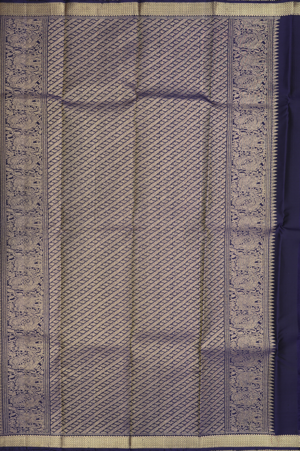 Kanchipuram Silk Saree In Navy Blue With Peacock Buttas