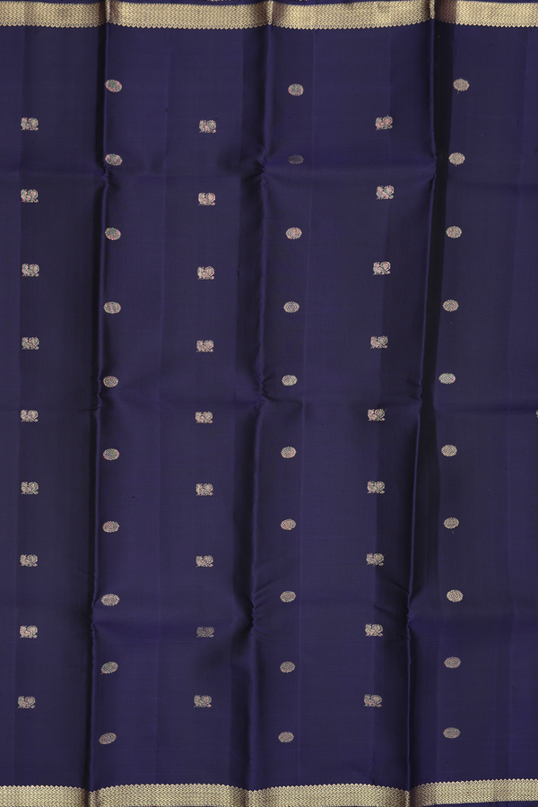 Kanchipuram Silk Saree In Navy Blue With Peacock Buttas