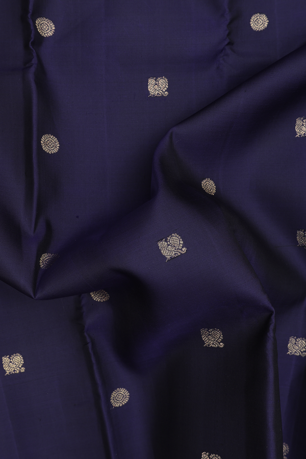 Kanchipuram Silk Saree In Navy Blue With Peacock Buttas