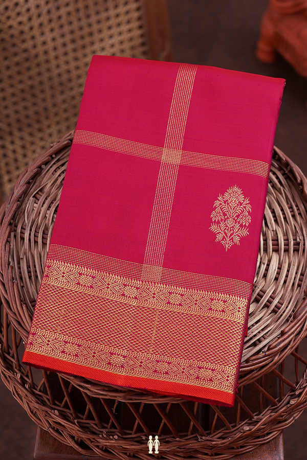Kanchipuram Silk Saree In Hibiscus Red Along Checks With Buttas