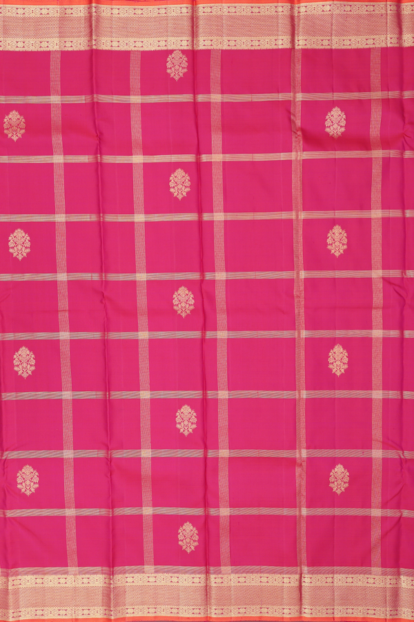 Kanchipuram Silk Saree In Hibiscus Red Along Checks With Buttas
