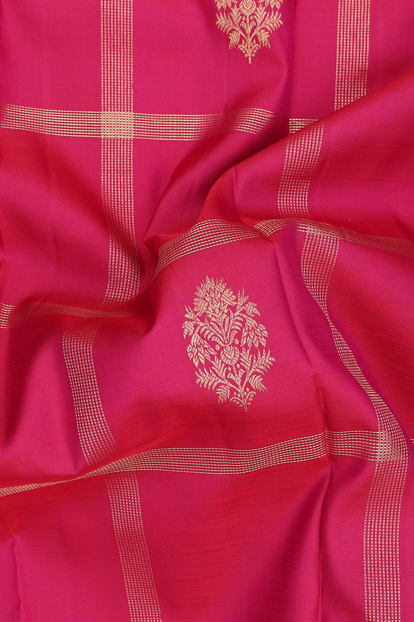Kanchipuram Silk Saree In Hibiscus Red Along Checks With Buttas