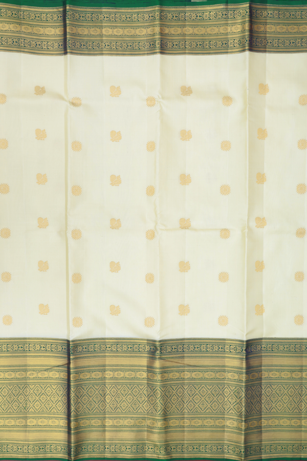 Kanchipuram Silk Saree In Off White With Peacock Buttas