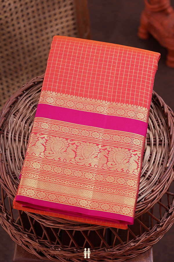 Kanchipuram Silk Saree In Coral Pink With Checks Design