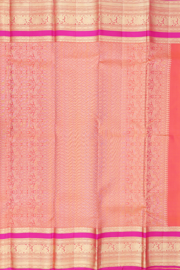 Kanchipuram Silk Saree In Coral Pink With Checks Design