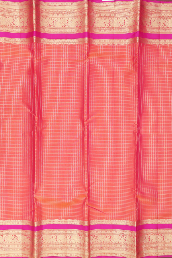 Kanchipuram Silk Saree In Coral Pink With Checks Design