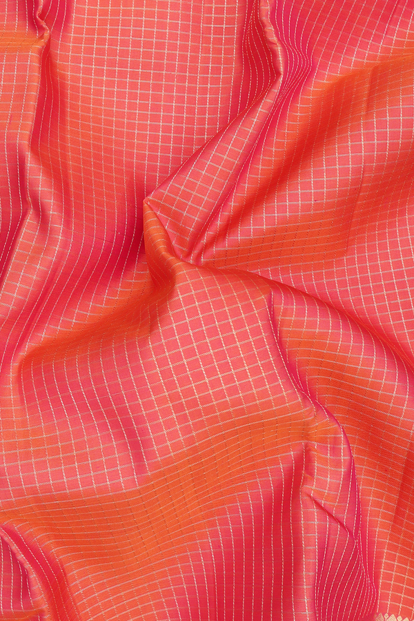 Kanchipuram Silk Saree In Coral Pink With Checks Design