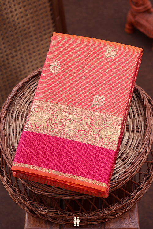 Kanchipuram Silk Saree In Orange With Checks Design