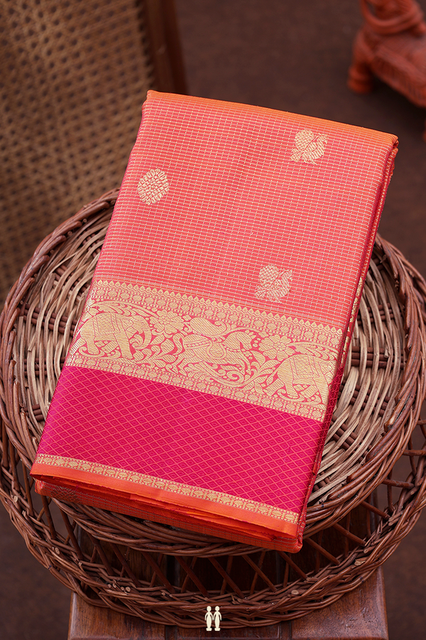 Kanchipuram Silk Saree In Orange With Checks Design