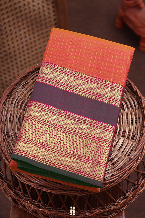 Kanchipuram Silk Saree In Orange With Checks Design