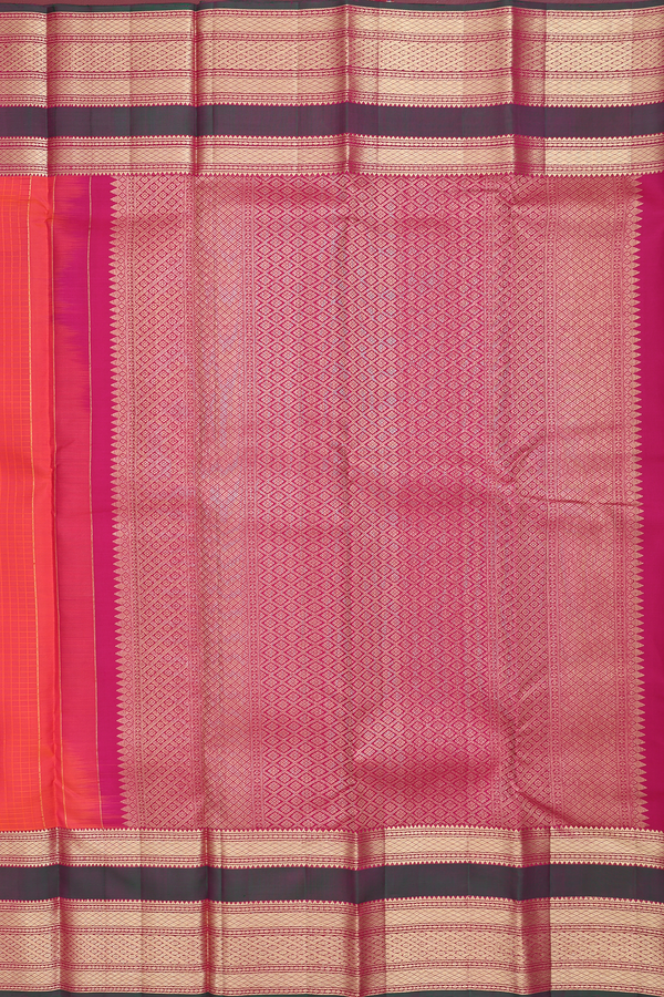 Kanchipuram Silk Saree In Orange With Checks Design