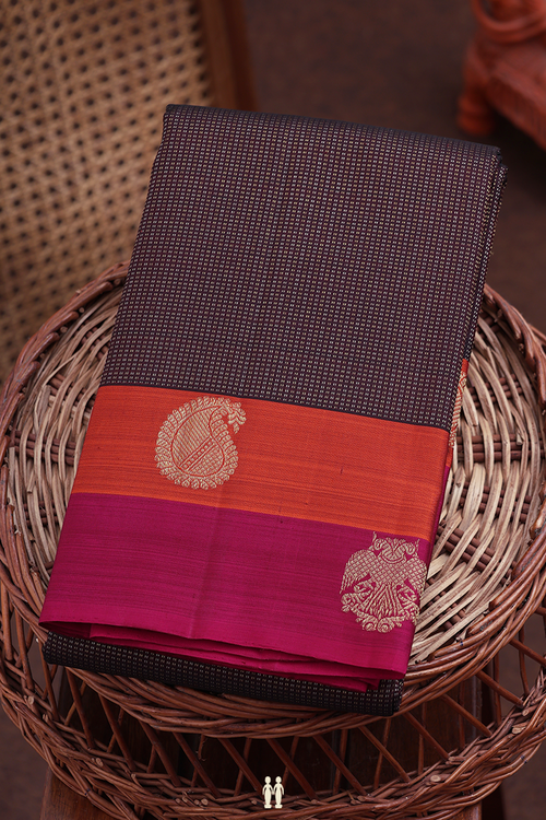 Kanchipuram Silk Saree In Dark Oak Brown With Stripes Design