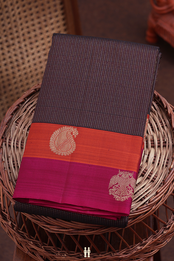 Kanchipuram Silk Saree In Dark Oak Brown With Stripes Design