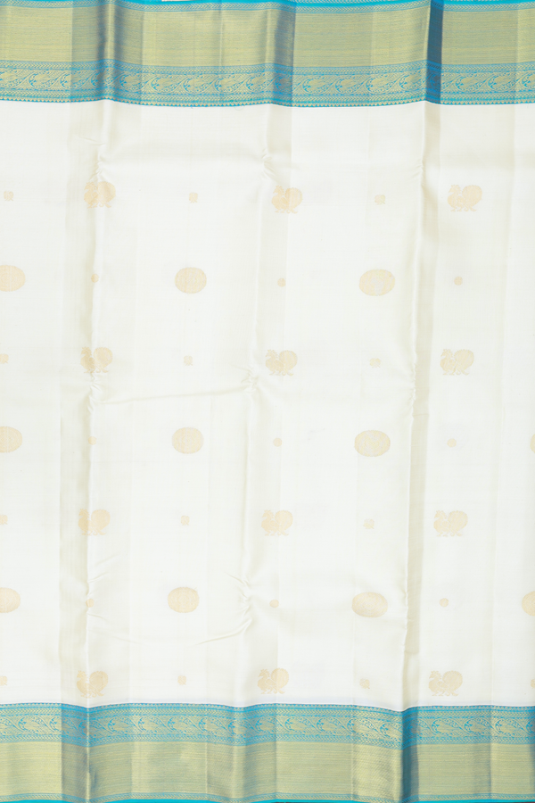 Kanchipuram Silk Saree In Off White With Peacock Buttas