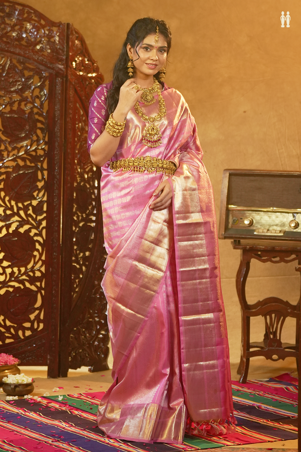 Kanchipuram Silk Saree In Pink With Brocade Design