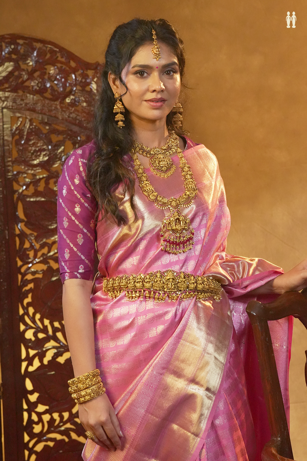 Kanchipuram Silk Saree In Pink With Brocade Design