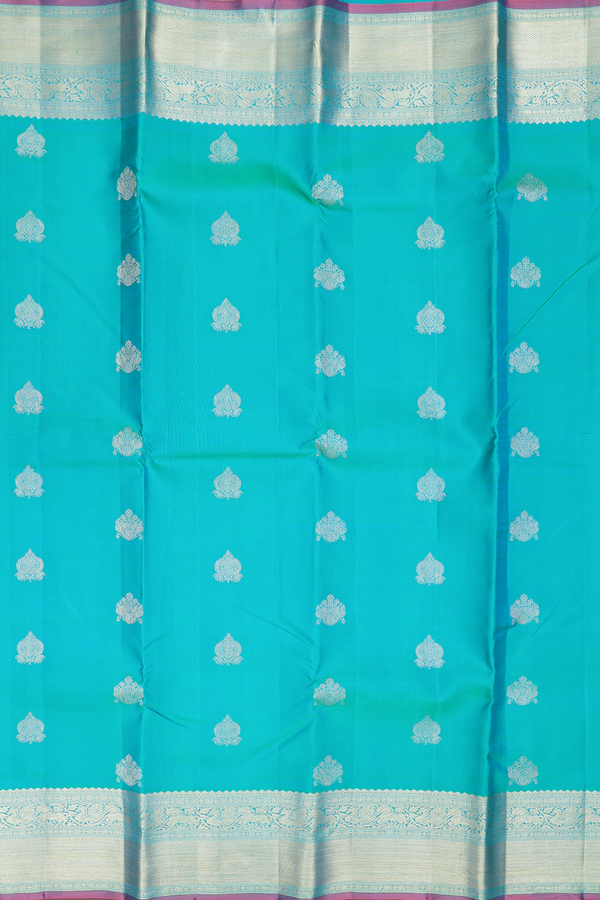 Kanchipuram Silk Saree In Bluish Green With Zari Buttas