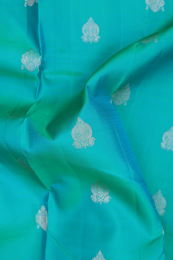 Kanchipuram Silk Saree In Bluish Green With Zari Buttas