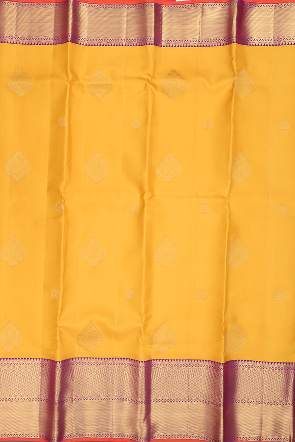 Kanchipuram Silk Saree In Saffron Yellow With Zari Motifs