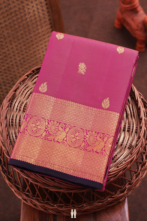 Kanchipuram Silk Saree In Dark Pink Along Stripes With Buttas