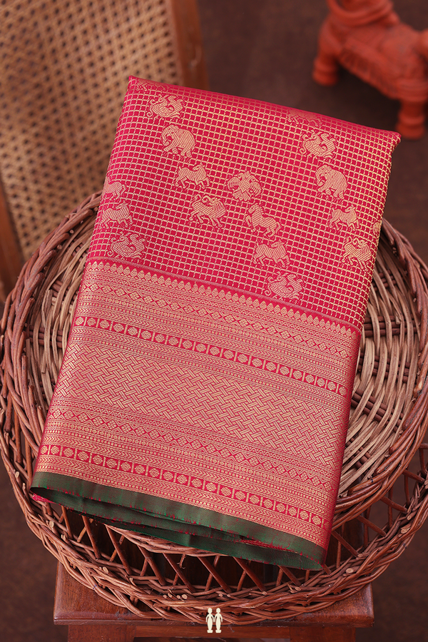 Kanchipuram Silk Saree In Red Along Checks With Buttas