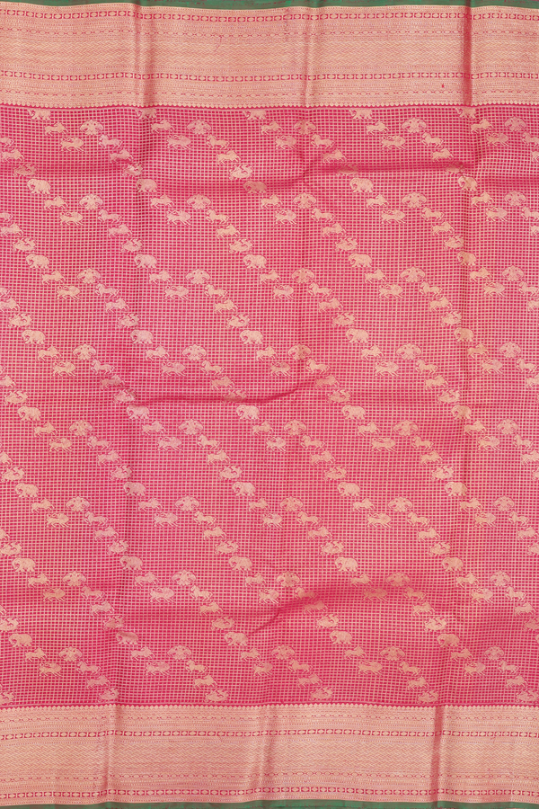 Kanchipuram Silk Saree In Red Along Checks With Buttas