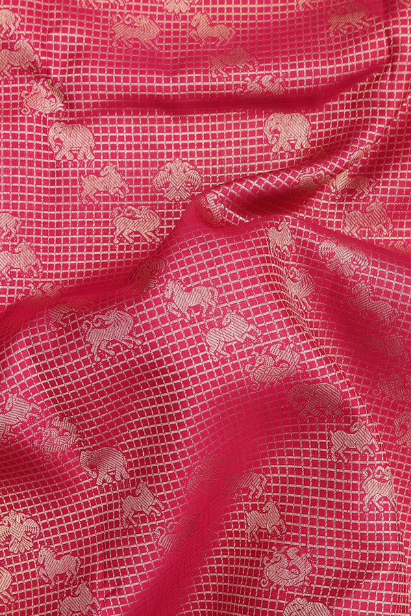 Kanchipuram Silk Saree In Red Along Checks With Buttas