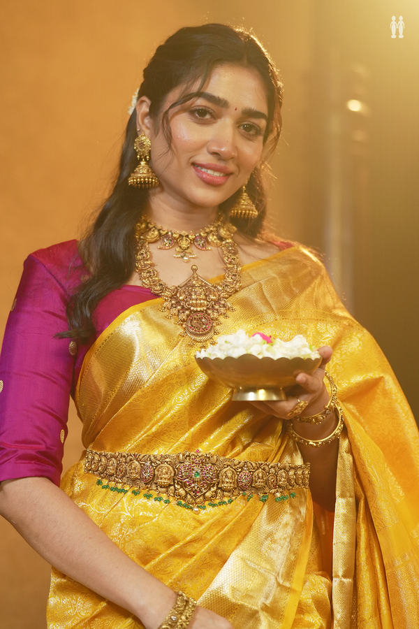 Kanchipuram Silk Saree In Saffron Yellow With Brocade Design