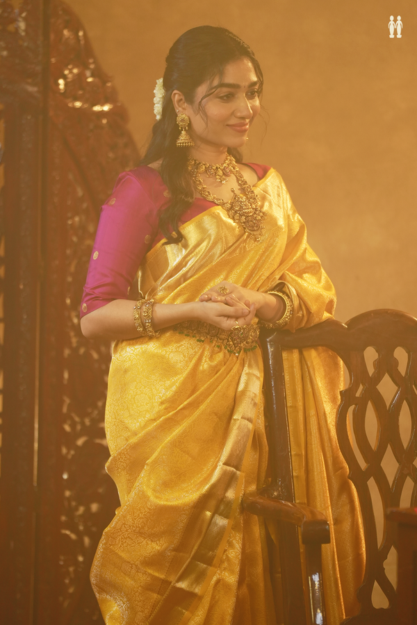 Kanchipuram Silk Saree In Saffron Yellow With Brocade Design