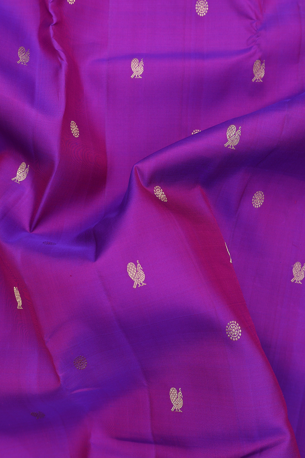 Kanchipuram Silk Saree In Purple With Peacock Buttas