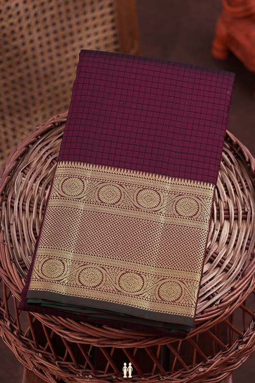 Kanchipuram Silk Saree In Dark Maroon With Checks Design