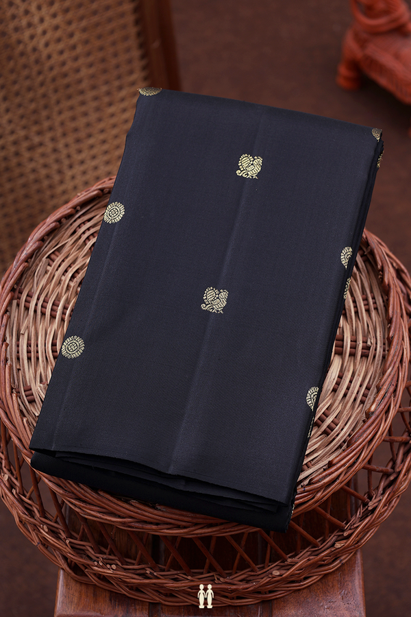 Kanchipuram Silk Saree In Black With Peacock Buttas