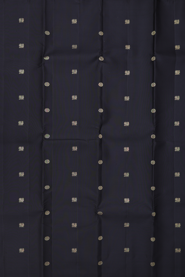 Kanchipuram Silk Saree In Black With Peacock Buttas