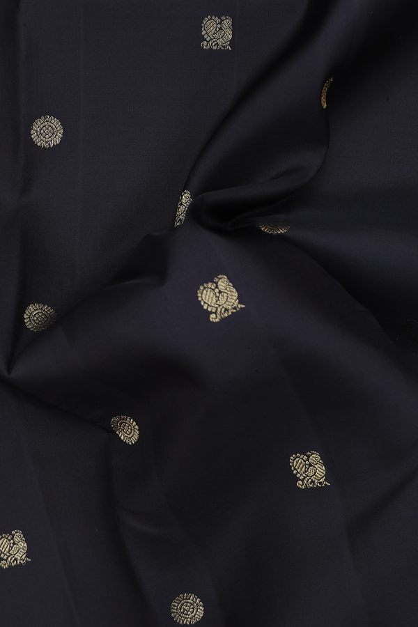 Kanchipuram Silk Saree In Black With Peacock Buttas