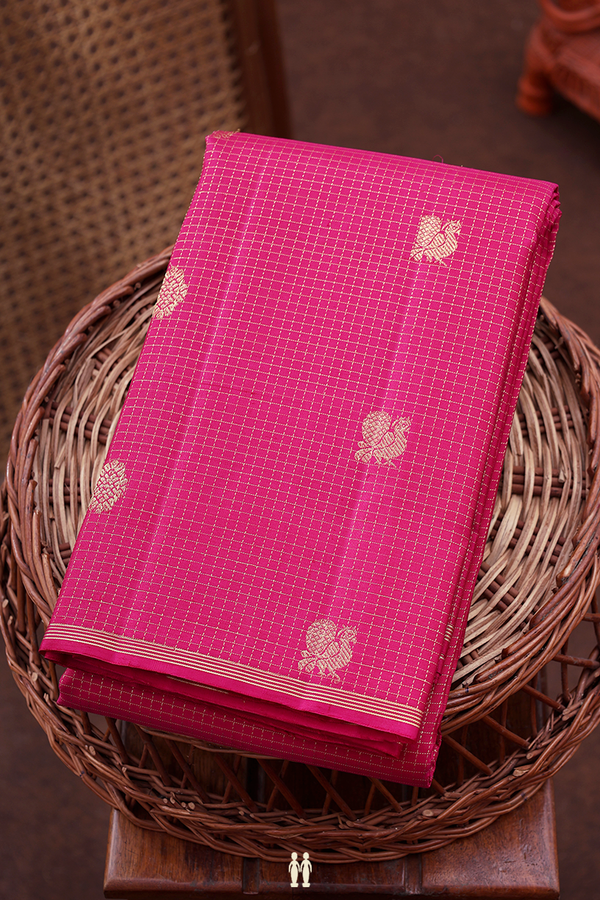 Kanchipuram Silk Saree In Rani Pink With Checks Design