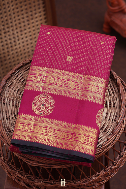 Kanchipuram Silk Saree In Red Along Checks With Buttas