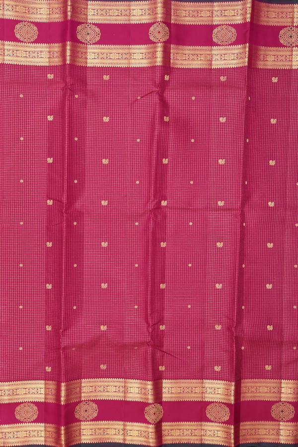 Kanchipuram Silk Saree In Red Along Checks With Buttas