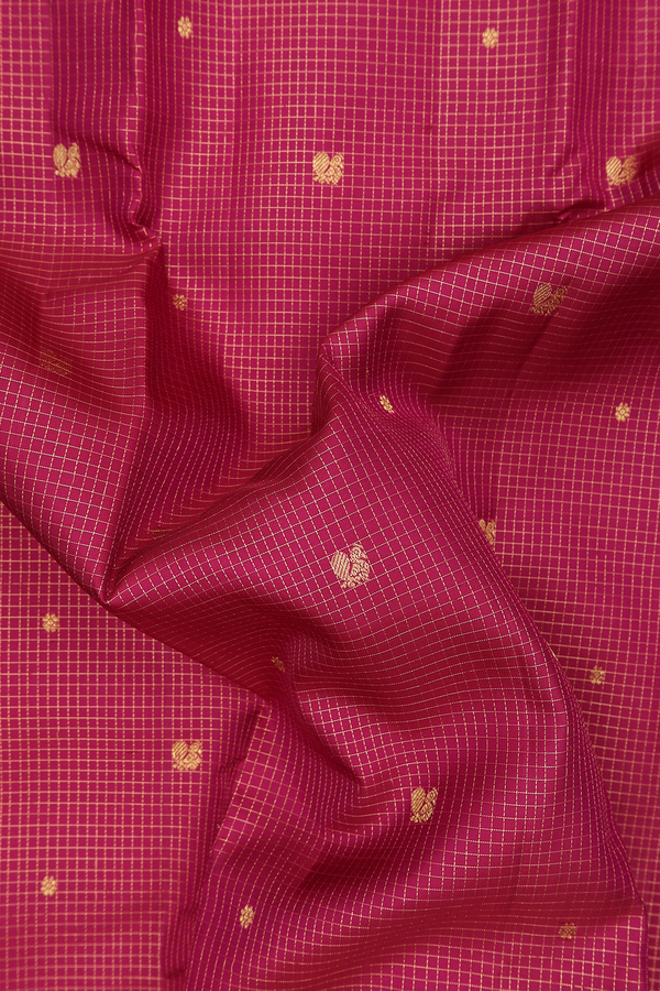 Kanchipuram Silk Saree In Red Along Checks With Buttas