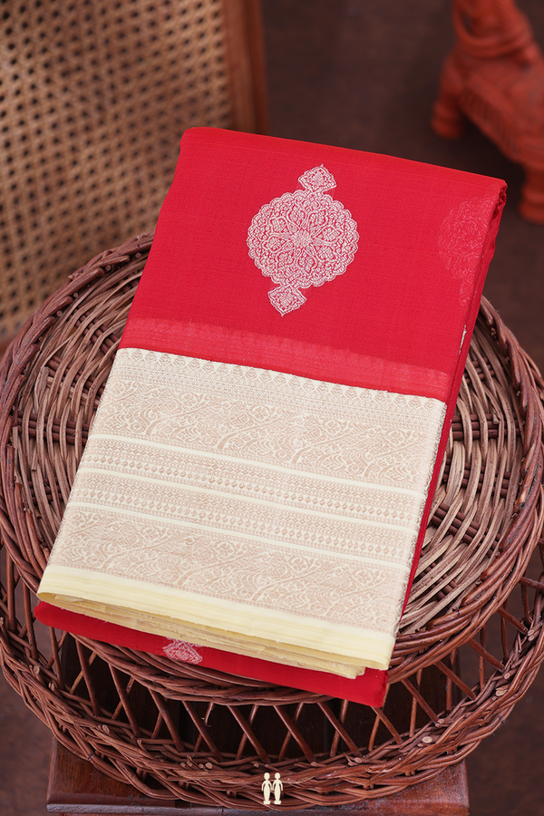 Organza Kanchipuram Silk Saree In Scarlet Red With Zari Motifs