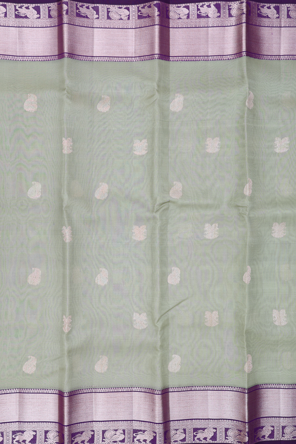 Organza Kanchipuram Silk Saree Dusty Green With Paisley Buttas